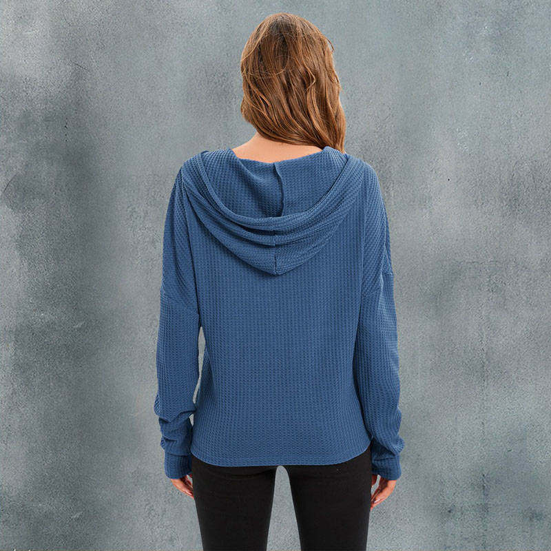 Women Casual Long Sleeve Solid Hooded Drawstring knit Jacket-Blue