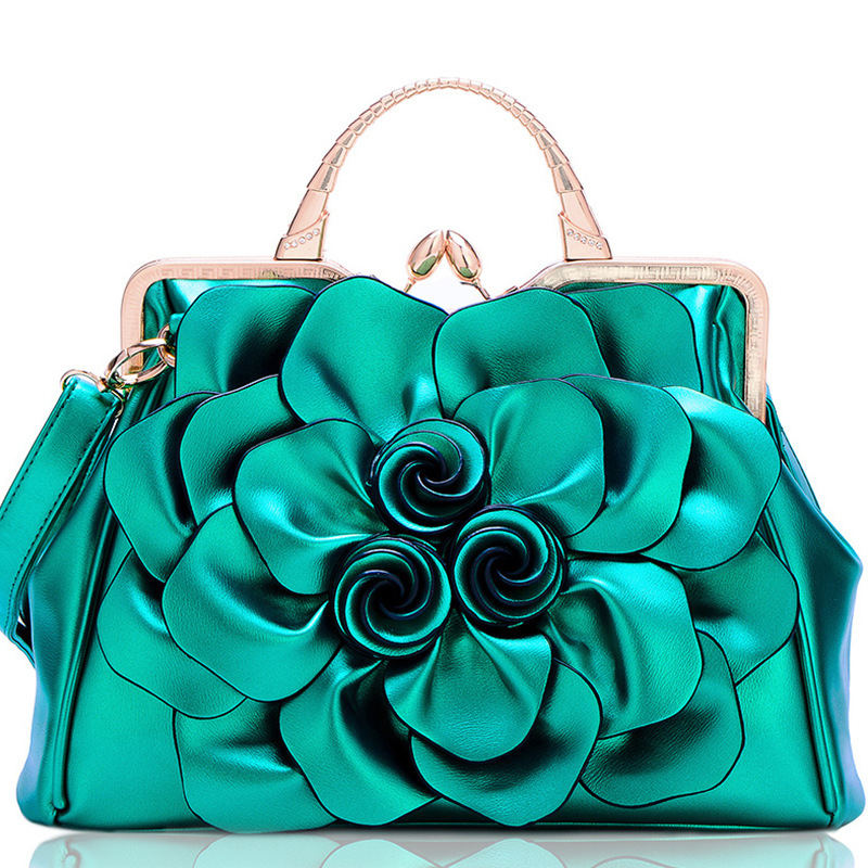 Womens Rose Flower Evening Clutches Formal Party Totes Shoulder Bag-Green
