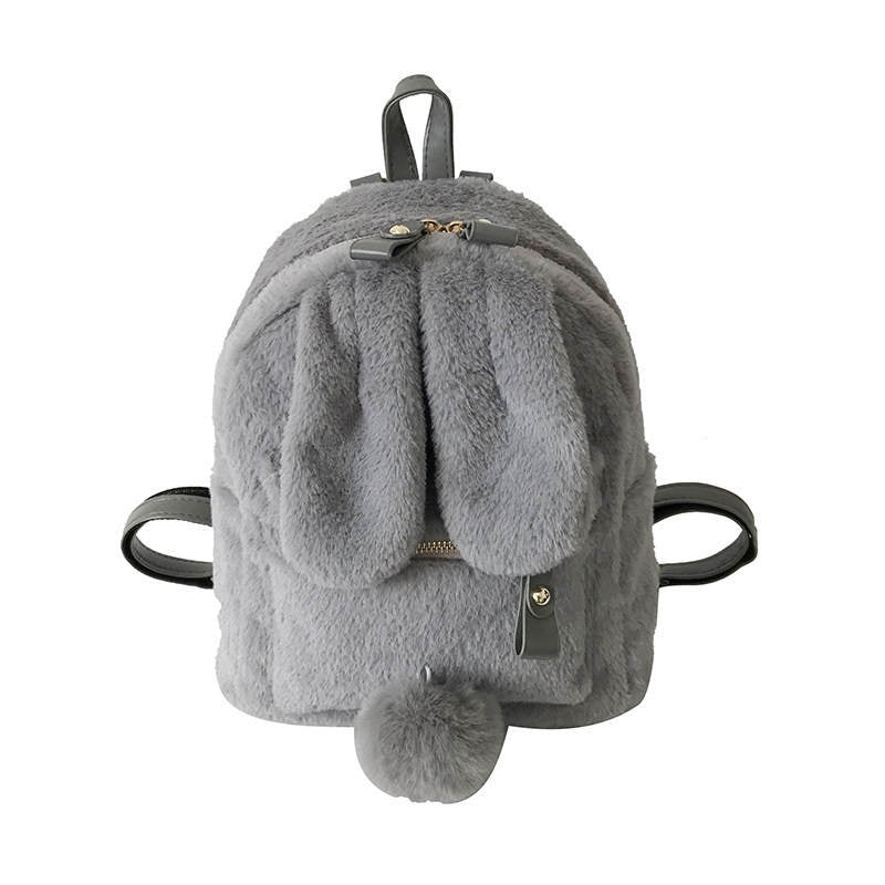 Women Cute Rabbit Ears Backpack Fluffy School Bag Satchel-Grey