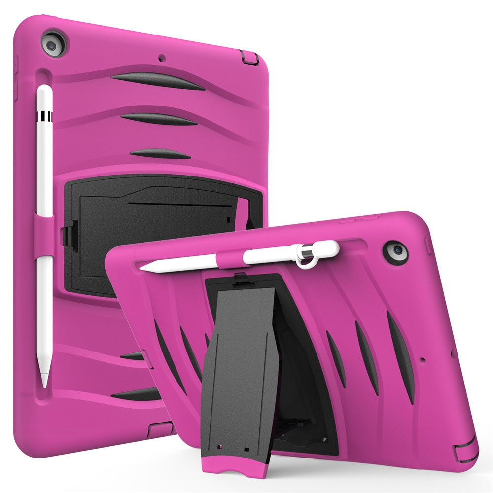 Shock Wave Kickstand Case Anti-Fall Protection With Pencil Holder+Cap For New iPad 7 10.2inch(2019)-Rose Red