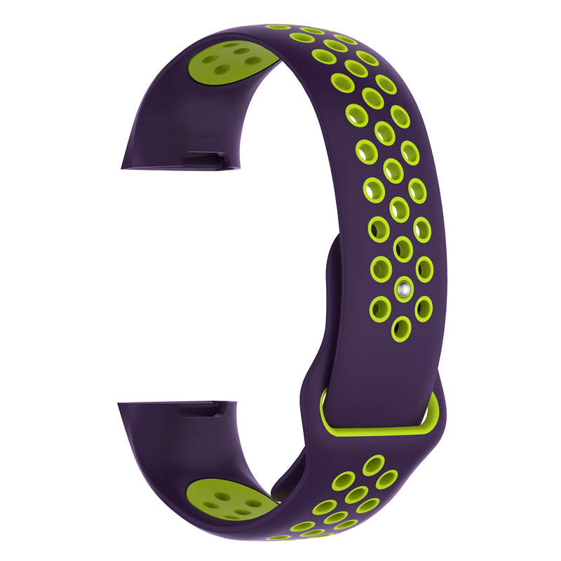 Double Color Porous Breathable Watch Band Silicone Wristband For Fitbit Charge 3 Sport Smartwatch -Purple Lime