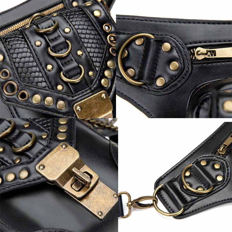 Rock Leather and Vintage Gothic Tote Punk Shoulder Belt Bag-Black