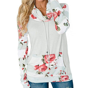 Womens Striped Floral Stack Neck Sweatshirt with Pockets-Gray