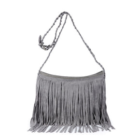 Suede Tassel Messenger Bag Women Hobo Shoulder Bags-Grey