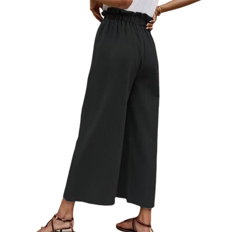 Womens Cropped Wide Leg Pant Elastic Solid Loose Fit Casual Trouser-Black