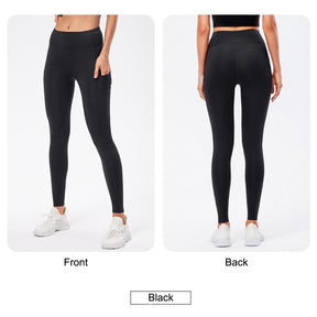 Womens Fleece Leggings with Pockets Tummy Control Thermal Yoga Pants-Black