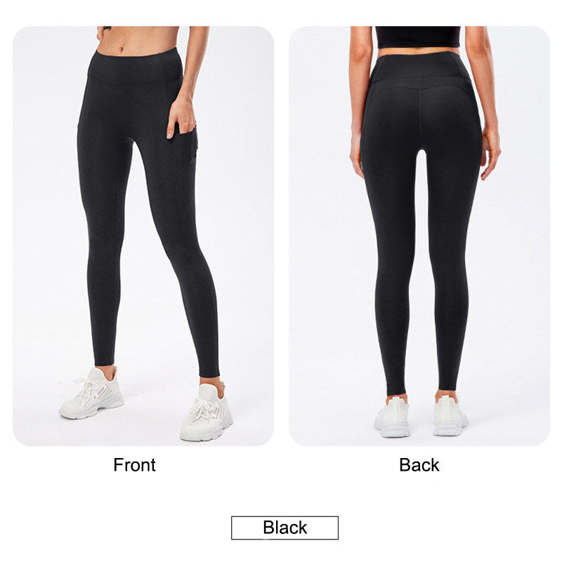 Womens Fleece Leggings with Pockets Tummy Control Thermal Yoga Pants-Black