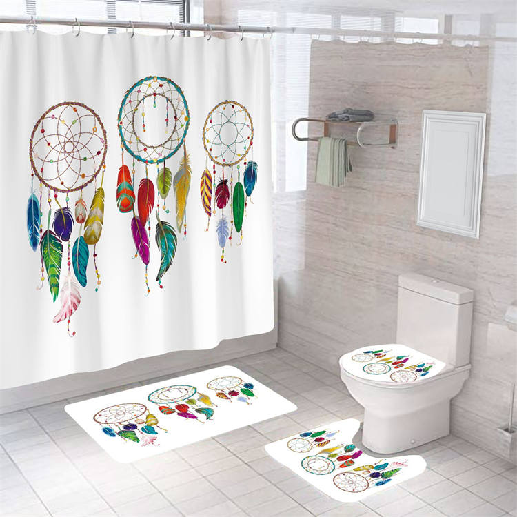 4 Pcs Shower Curtain Set Bath Mat U Shape and Toilet Lid Cover Mat with 12 Hooks-A9