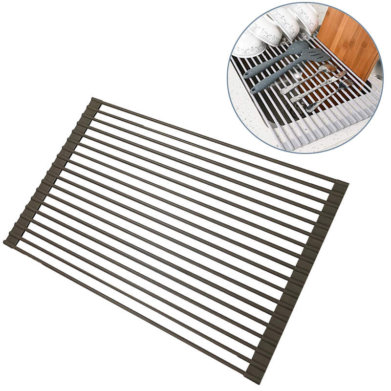 Over The Sink Multipurpose Roll-Up Dish Drying Rack 52*33CM-Brown