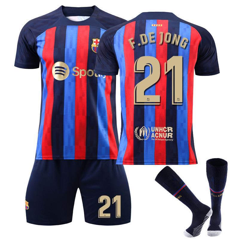 FC Barcelona Home Jersey 2022-23 F.DEJONG #21 Soccer Jersey Kids Adult 3-Pieces Jersey Kits
