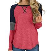 Womens Color Block Round Neck Tunic Top Casual Long Sleeve Shirt-Red