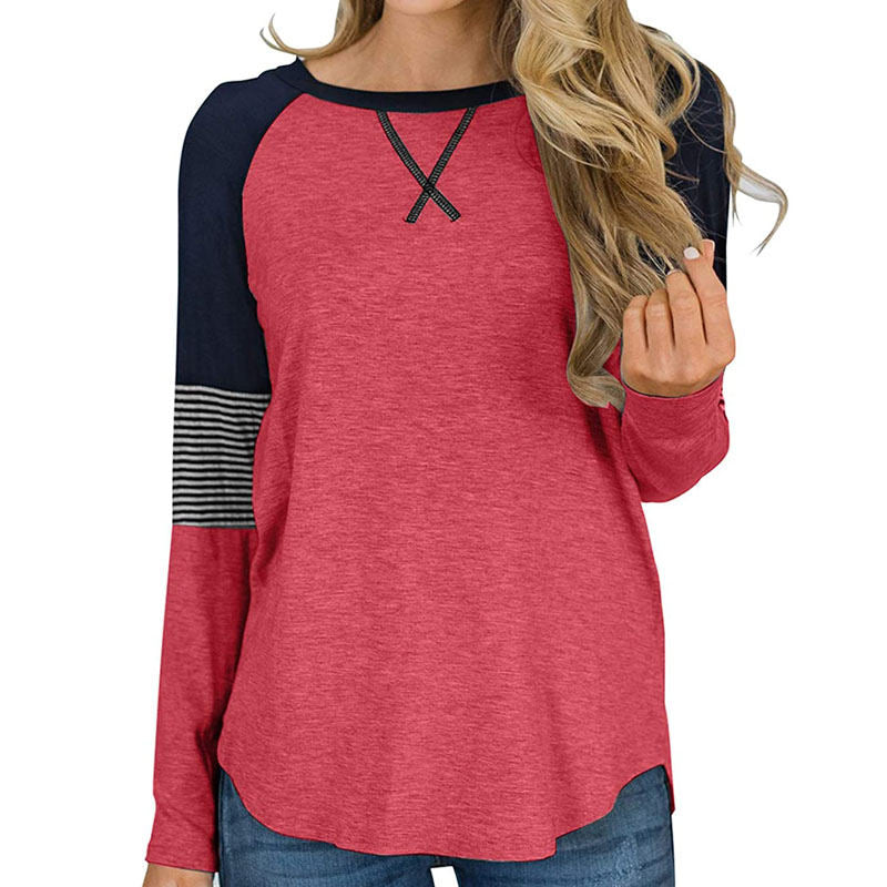 Womens Color Block Round Neck Tunic Top Casual Long Sleeve Shirt-Red