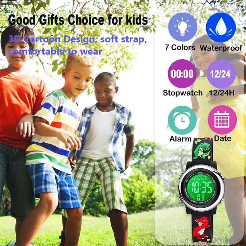 Kids Watchs 3D Cartoon Dinosaur Pattern Waterproof Silicone 7 Color Lights Watch-Black