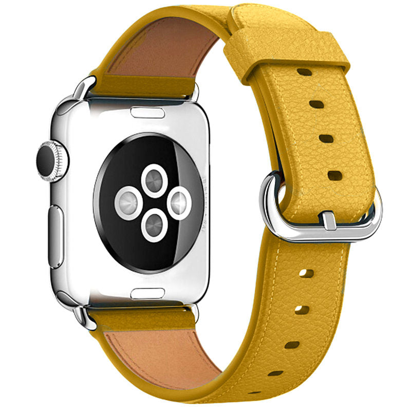 Litchi Pattern Leather Replacement Watch Band For iWatch Series SE/6/5/4/3/2/1-Yellow