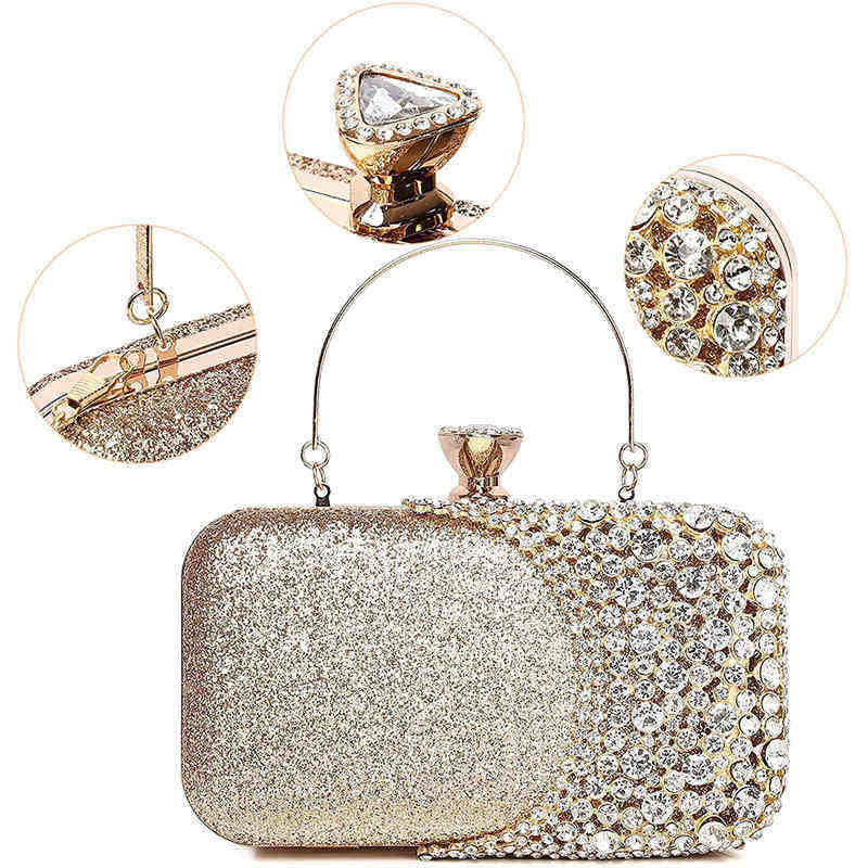 Womens Crystal Evening Clutch Bag Wedding Purse Party Bag-Gold
