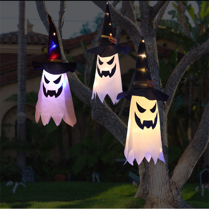 3 Pcs Halloween Hanging Lighted Glowing Ghost Witch Hat for Yard Tree Garden