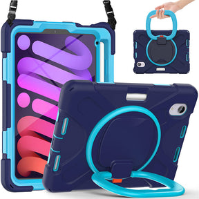 OnePieceB iPad Case For iPad Mini 6 Rugged Shockproof Case With Holder and Shoulder Strap-NavyBlue