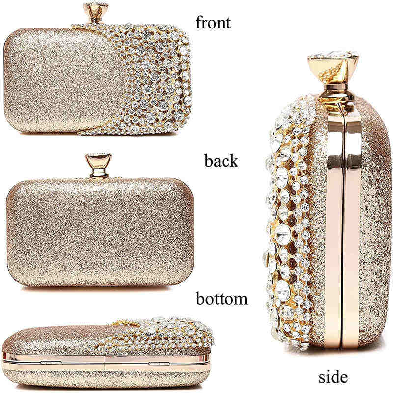 Womens Crystal Evening Clutch Bag Wedding Purse Party Bag-Gold