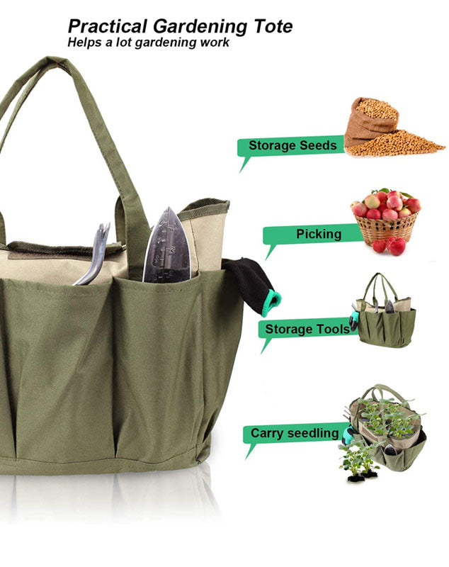 Garden Tools Bag Gardening Tote Organizer with 8 Deep Pockets for Gardener Regular Size Tools Storage -Khaki