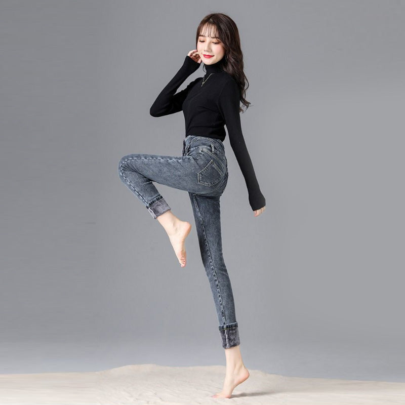 Womens Fleece Jeans Stretch Slim Fit High Waist Denim Pants-Grey Blue