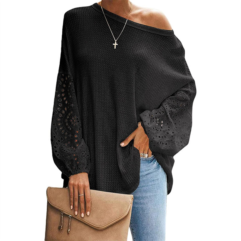 Womens Off Shoulder Tops Waffle Knit Lantern Long Sleeve Pullover-Black