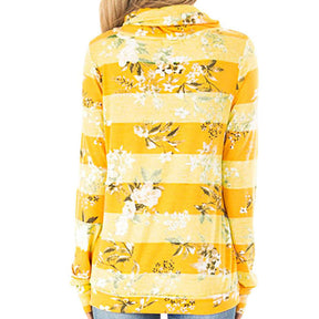 Womens Striped Floral Stack Neck Sweatshirt with Pockets-Yellow