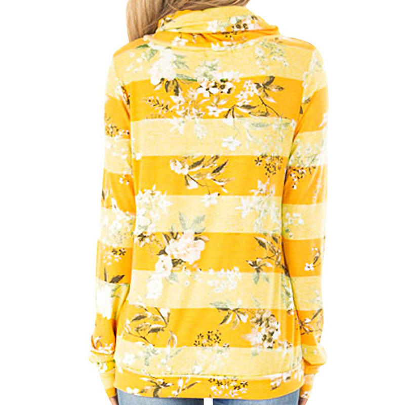 Womens Striped Floral Stack Neck Sweatshirt with Pockets-Yellow