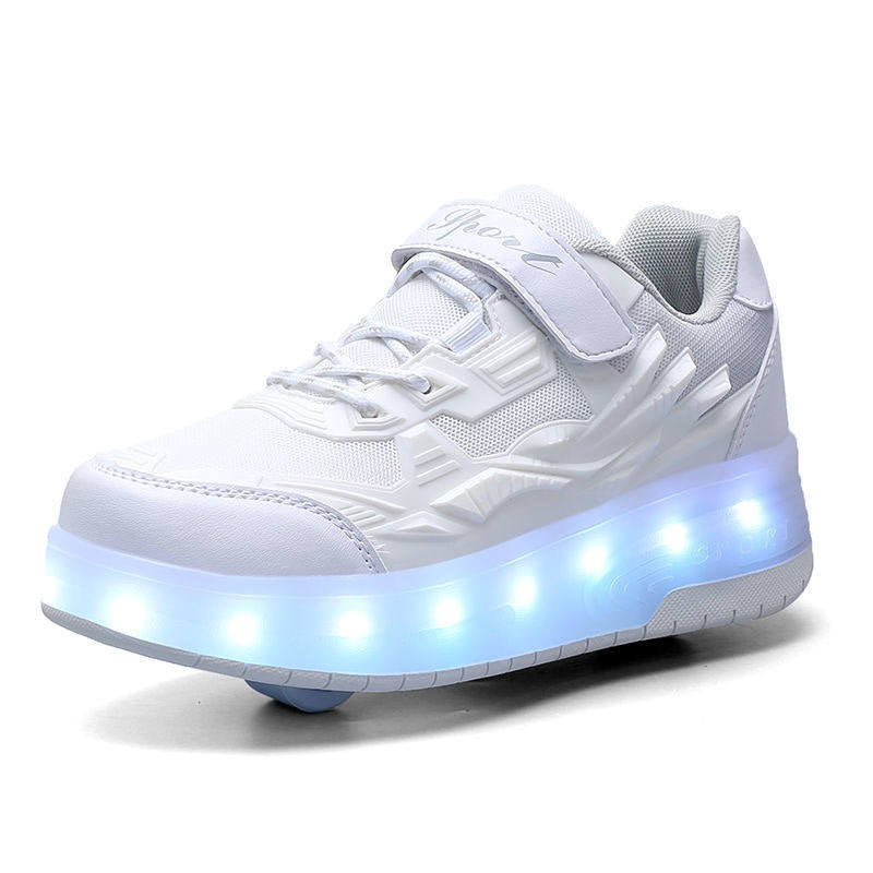 Kids Fashion LED Roller Shoes with Double Wheels for Boys Girls-White