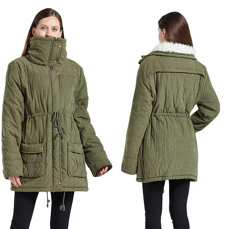 Women's Mid Length Winter Coat Thickened Warm Lamb Wool Lined Jacket-Army Green