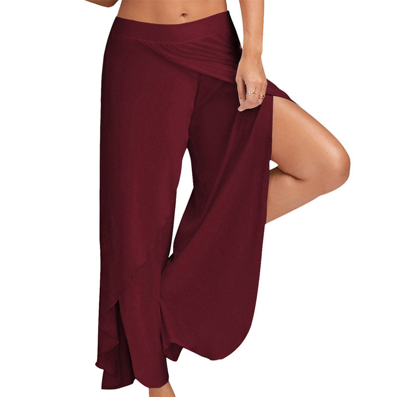 Womens Sports Fitness Yoga Slit Wide Leg Pants-WineRed