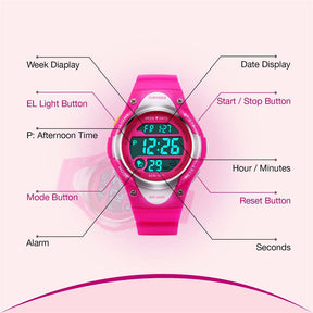 Kid Sport Outdoor Waterproof Electronic Watches with LED Light-RoseRed