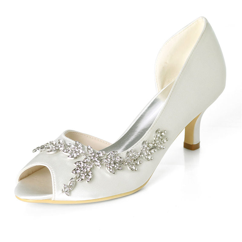 Women Wedding Heels Peep Toe Rhinestones Shoes-White