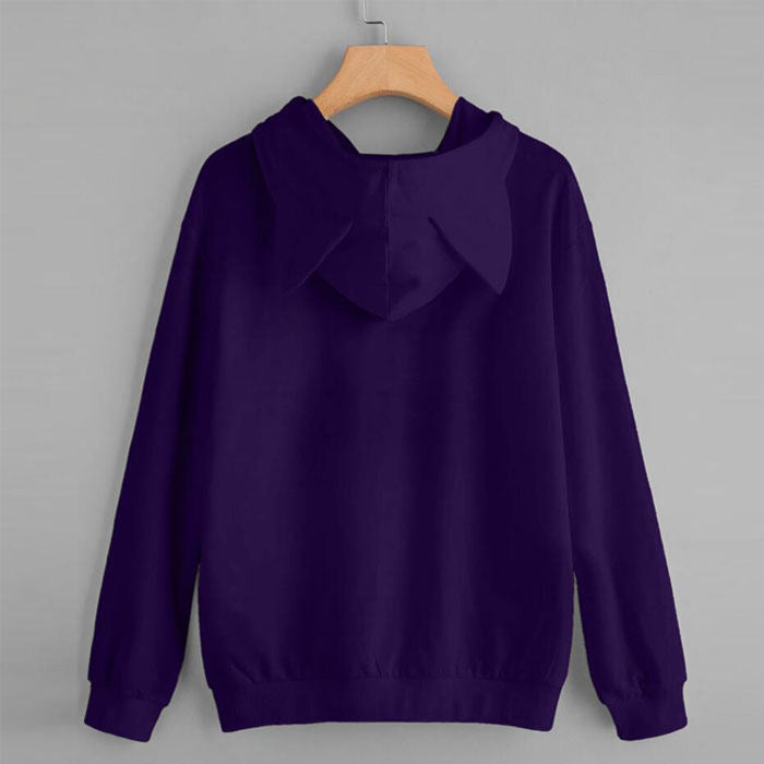 Women Teen Girls Cat Printed Hoodie Sweatshirt Cute Cat Ear Pullover Sweatshirt-Purple