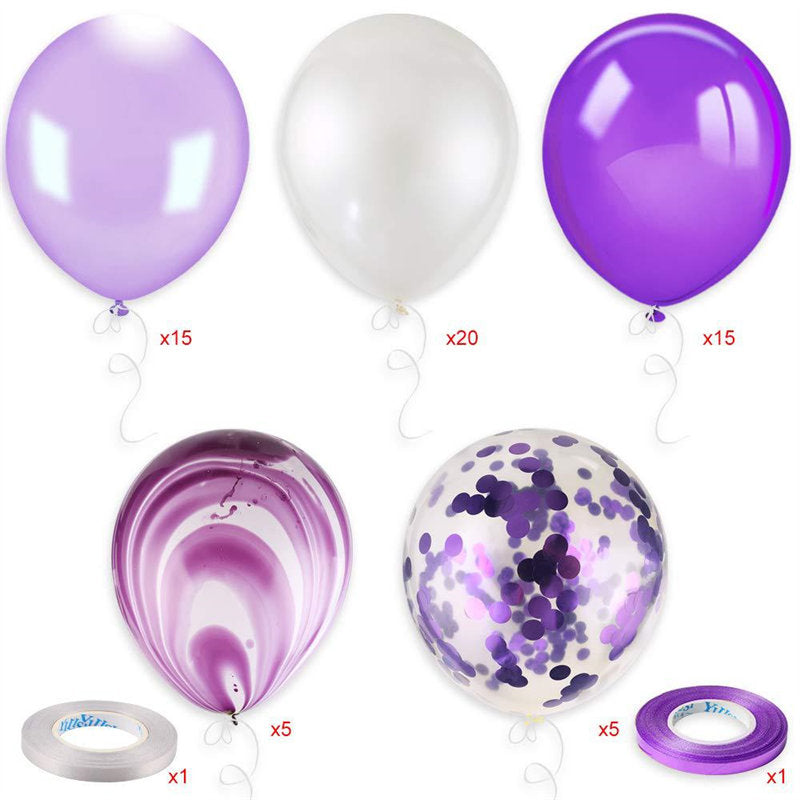 62pcs 12inch Purple Balloons Assorted Latex Purple Confetti White Balloons Garland Arch Kit for Wedding Birthday Graduation Party Decorations