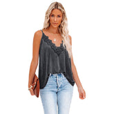 Casual Solid Color V-Neck Lace Trimmed Camisole Tank Top-DarkGray