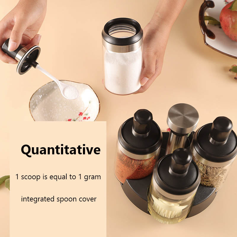 Revolving 4-Jar Seasoning Organizer Rack Built-in Spoon Moisture-Proof-SS304 Lid