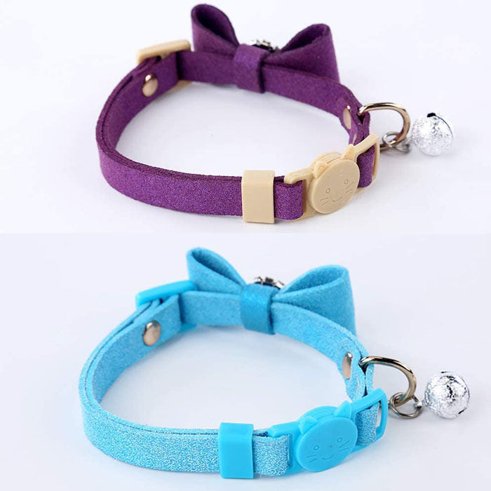 2 Pack Adjustable Cat Collar Set Breakaway with Diamonds Bowtie Bell for Puppy Kitten-A