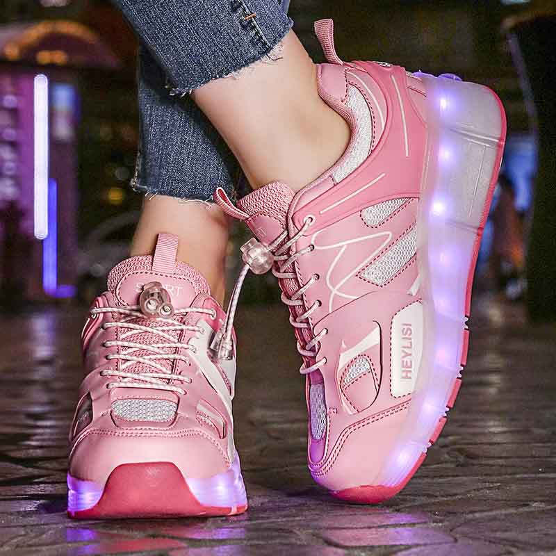 Kids Roller Skates Shoes with LED Rechargeable Single Wheel-Pink