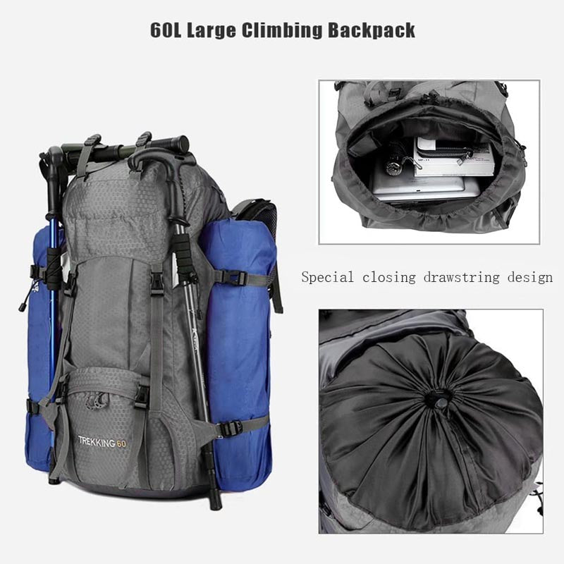 60L Waterproof Lightweight Hiking Backpack with Rain Cover for Climbing Camping-Grey