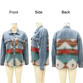 Aztec Denim Jacket for Women Distressed Lapel Long Sleeve Coat-Orange