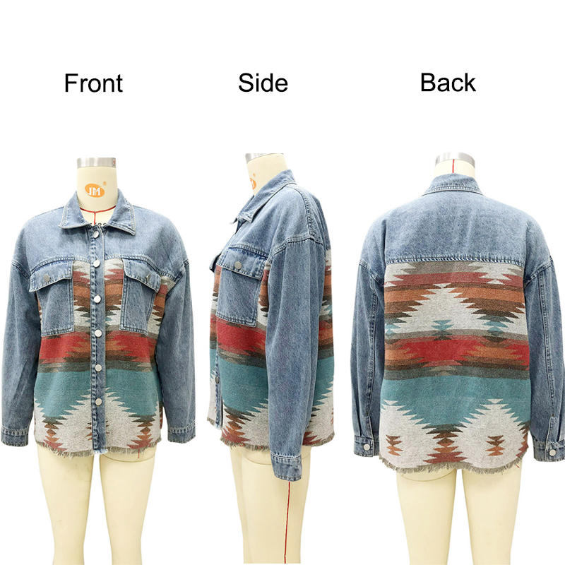 Aztec Denim Jacket for Women Distressed Lapel Long Sleeve Coat-Orange