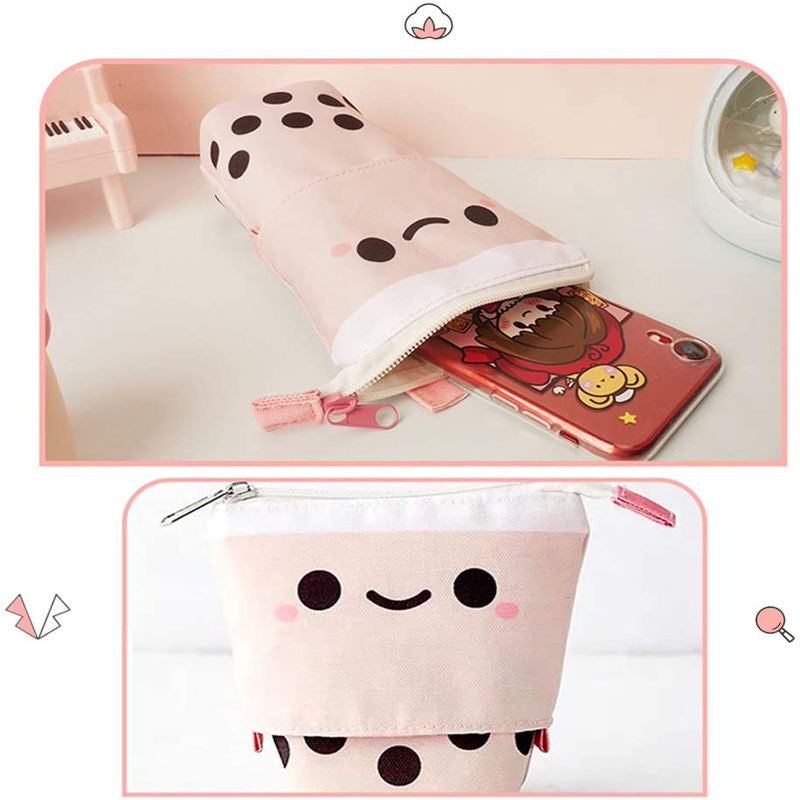 Cute Pen Pencil Telescopic Holder Pop Up Stationery Case Smile Face Dot Organizer -Beige