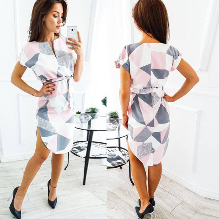 Womens Sexy Dresses Summer Casual V-Neck Printing Pattern Belted Slim Dress-White