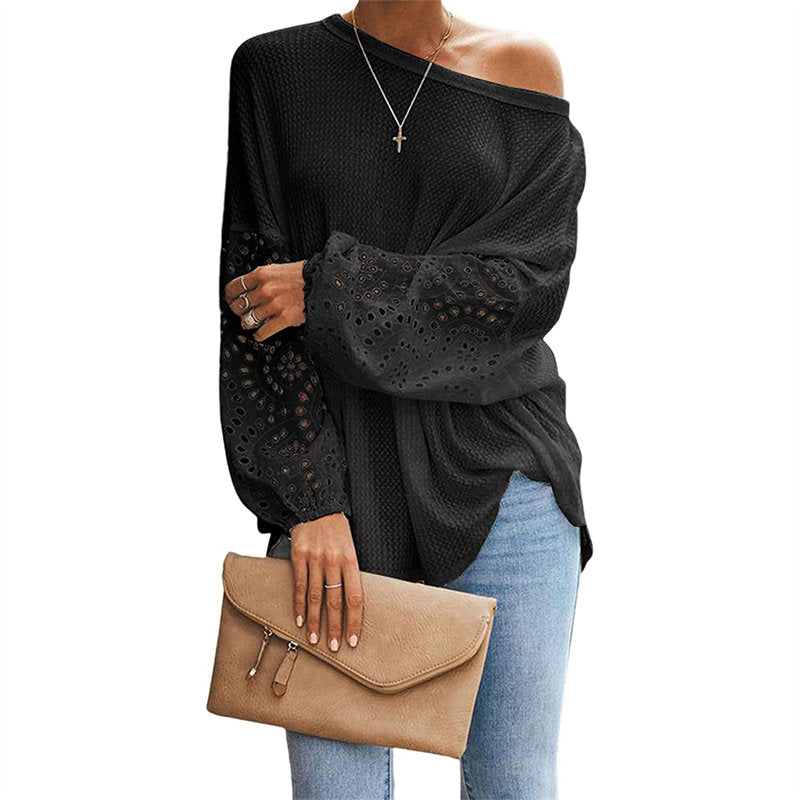 Womens Off Shoulder Tops Waffle Knit Lantern Long Sleeve Pullover-Black