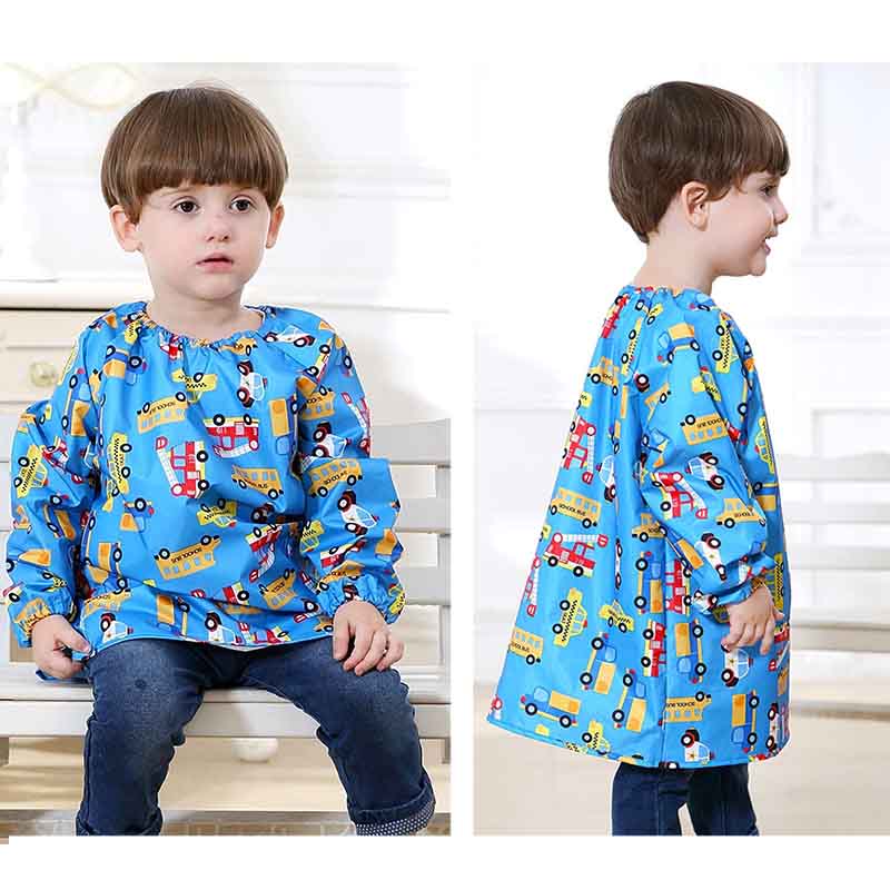 Kids Waterproof Smock Long Sleeve Cartoon Pattern Art Apron-Blue