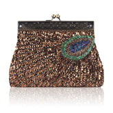 Peacock Clutch Sequined Beaded Evening Handbag-Coffee