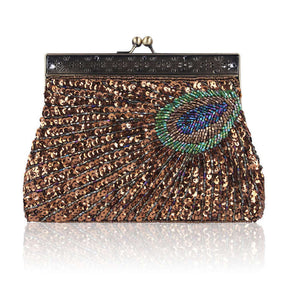 Peacock Clutch Sequined Beaded Evening Handbag-Coffee