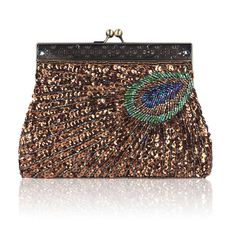 Peacock Clutch Sequined Beaded Evening Handbag-Coffee