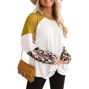 Womens Twist Knot Shirts Waffle Leopard Print Color Block Loose Fit Tops-White