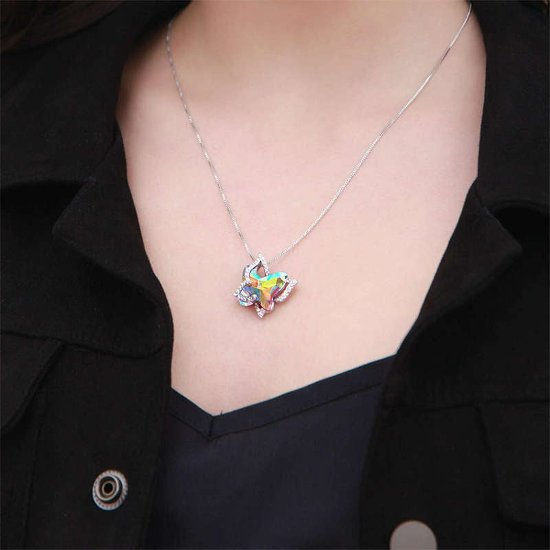 Butterfly Birthstone Crystal Pendant Necklace Gifts for Women Girls-Colorful